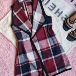 Red White Blue Plaid Lapel Sleeveless Vest Cardigan XS/S Preppy Americana Chic